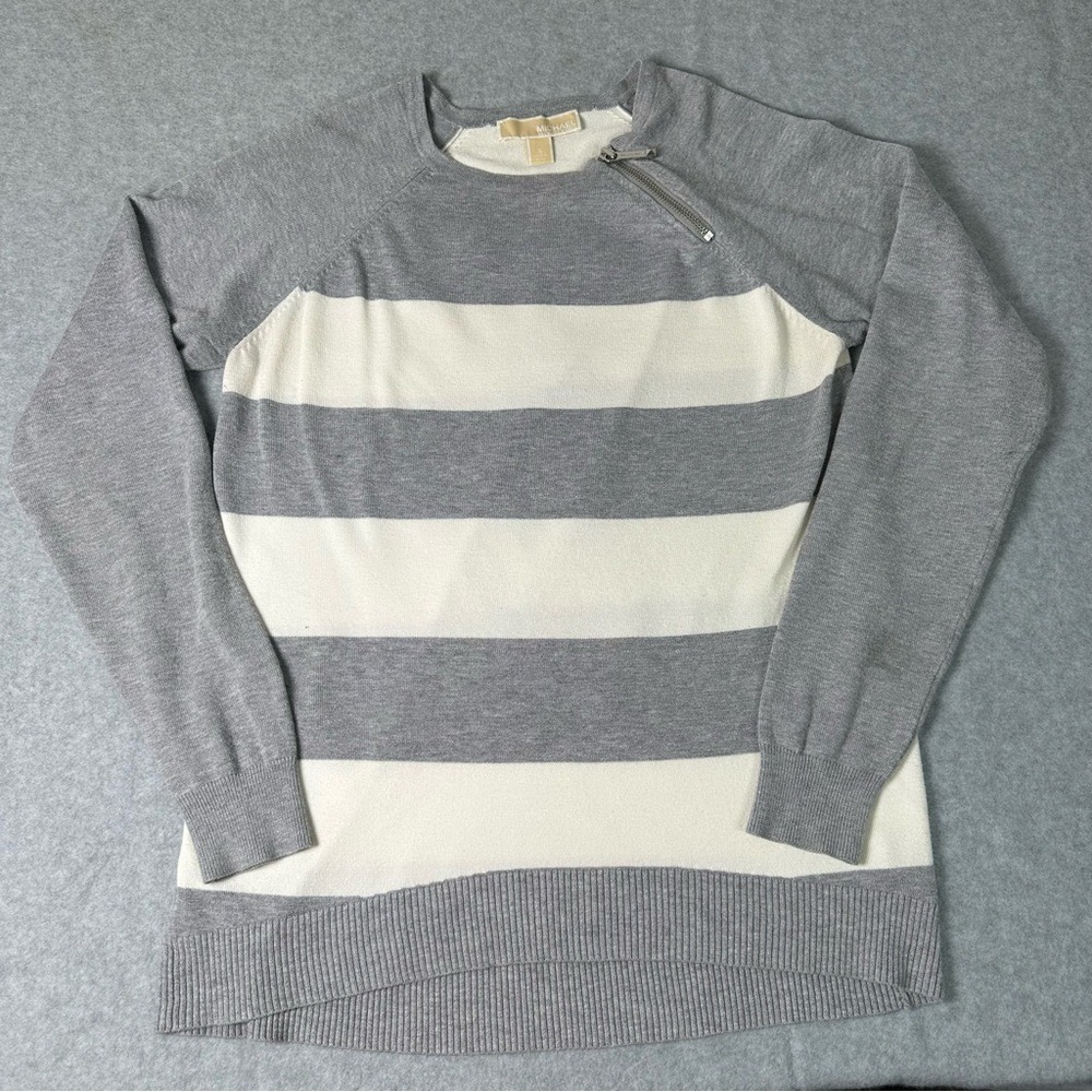 Michael Kors Womens Grey White‎ Striped Shoulder Zip Knit Sweater Small